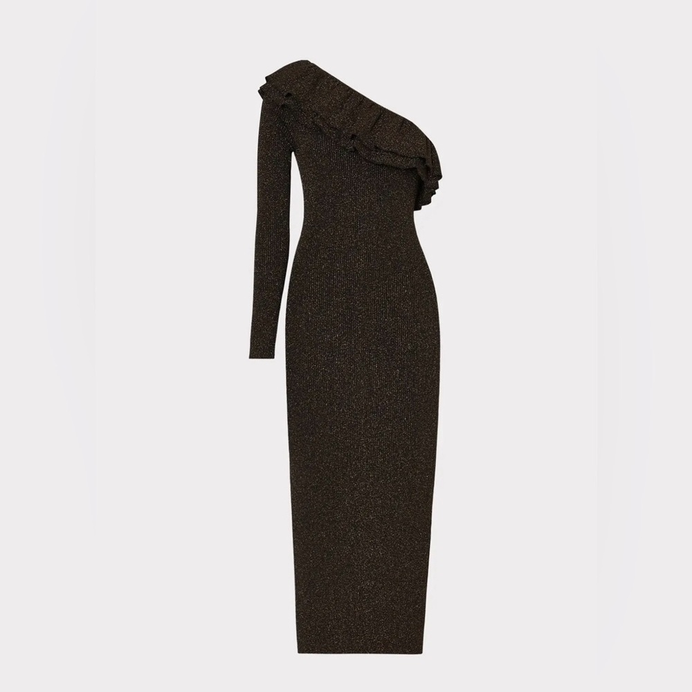 Milly Kelly One-Shoulder Metallic Knit Midi-Dress, size P